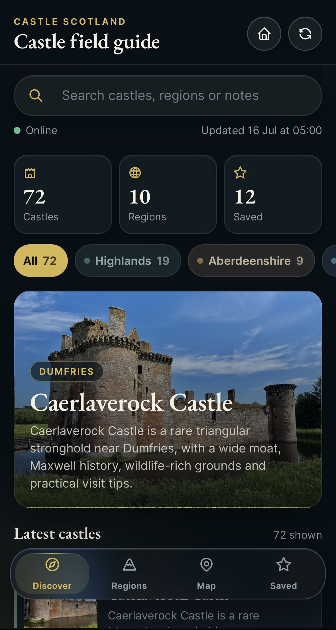The current Castle Scotland app open on a phone