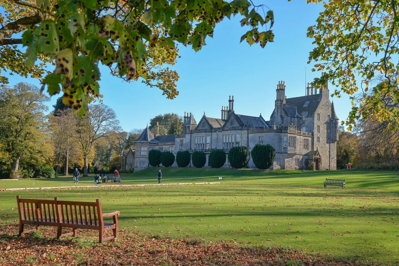 Garden bench beneath branches overlooking Lauriston Castle and its lawn
