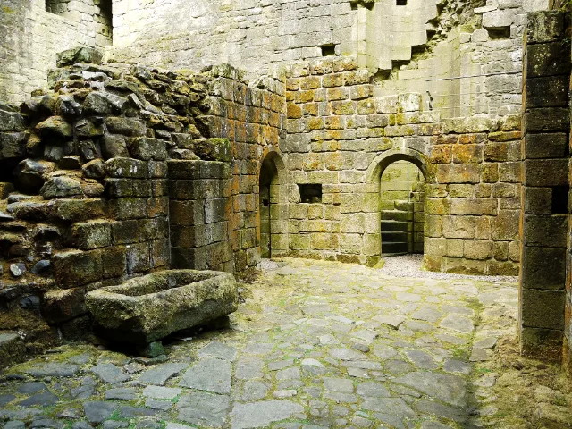Roofless stone chamber with arched doorways at Hermitage Castle
